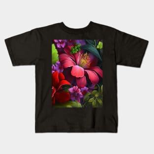 Deeply Red Hibiscus with Greenery Kids T-Shirt